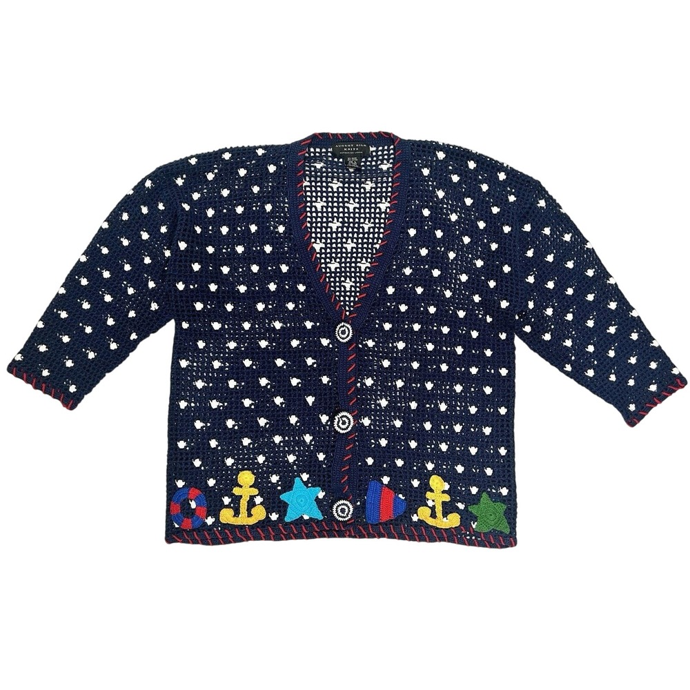 Vintage August Silk Cotton Crochet Sweater Women's Nautical Navy Cardigan Large